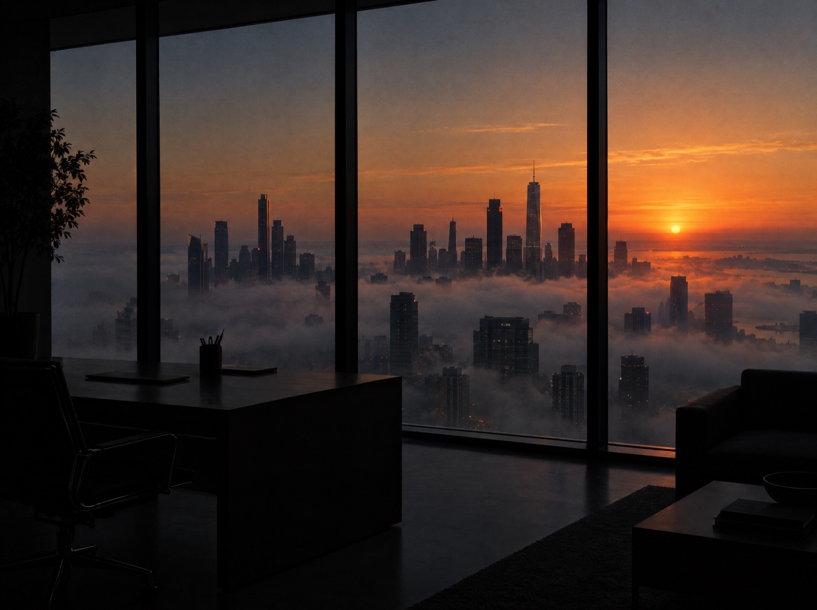 A city skyline seen through office windows at dawn